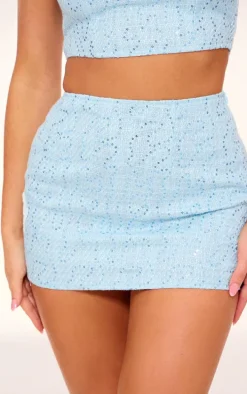 Blue Textured Sequin Wrap Tie Detail Mini Skirt