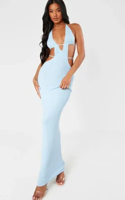 Blue Textured Sheer Knit Ruched Cut Out Halterneck Dress