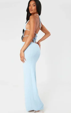 Blue Textured Sheer Knit Ruched Cut Out Halterneck Dress