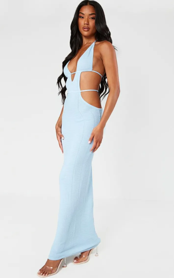 Blue Textured Sheer Knit Ruched Cut Out Halterneck Dress