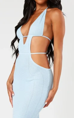Blue Textured Sheer Knit Ruched Cut Out Halterneck Dress