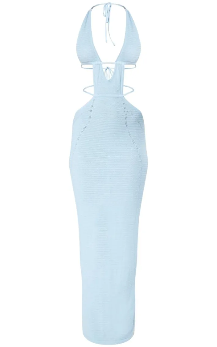 Blue Textured Sheer Knit Ruched Cut Out Halterneck Dress