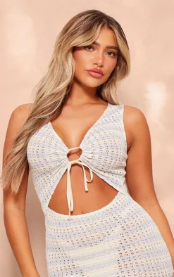 Blue Textured Stripe Ruched Cut Out Bodycon Dress