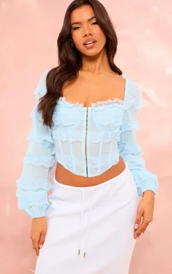 Blue Textured Woven Lace Frill Corset Top