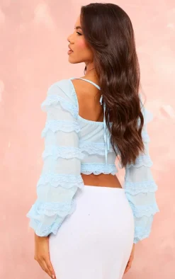 Blue Textured Woven Lace Frill Corset Top