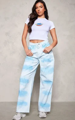 Blue Tie Dye Denim Wide Leg Jeans