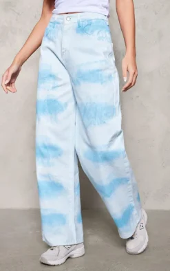 Blue Tie Dye Denim Wide Leg Jeans