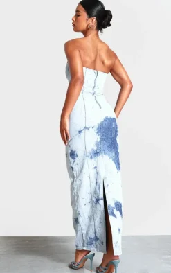 Blue Tie Dye Print Bustier Denim Maxi Dress