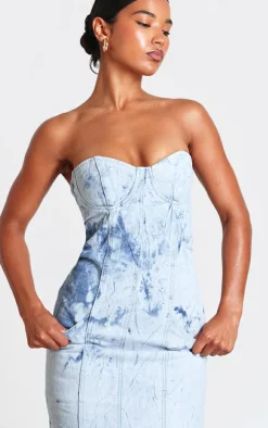 Blue Tie Dye Print Bustier Denim Maxi Dress