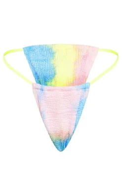 Blue Tie Dye Print Crinkle Tanga Bikini Bottoms
