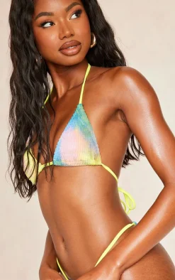 Blue Tie Dye Print Crinkle Triangle Bikini Top