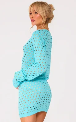 Blue Tie Front Hole Knit Top