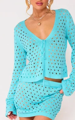 Blue Tie Front Hole Knit Top