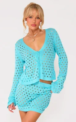 Blue Tie Front Hole Knit Top