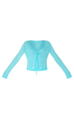 Blue Tie Front Hole Knit Top