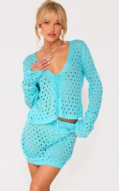 Blue Tie Front Hole Knit Mini Skirt