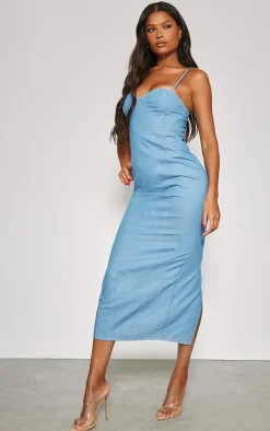 Blue Twill Contrast Stitch Midaxi Dress