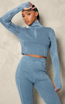 Blue Two Tone Chunky Rib Knit Underbust Detail Cropped Half Zip
