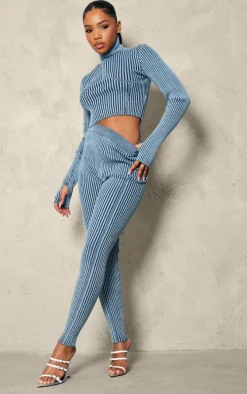 Blue Two Tone Chunky Rib Knit Underbust Detail Cropped Half Zip