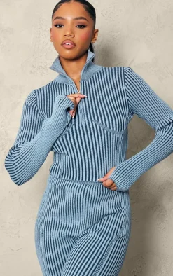 Blue Two Tone Chunky Rib Knit Underbust Detail Cropped Half Zip
