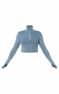 Blue Two Tone Chunky Rib Knit Underbust Detail Cropped Half Zip