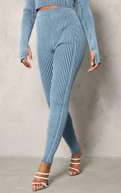 Blue Two Tone Chunky Rib Knit Leggings