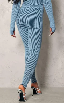 Blue Two Tone Chunky Rib Knit Leggings