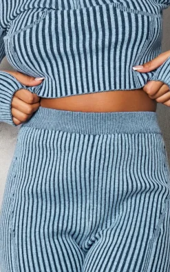 Blue Two Tone Chunky Rib Knit Leggings