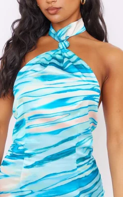 Blue Vintage Floral Print Satin Halter Knot Detail Shift Dress