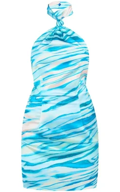 Blue Vintage Floral Print Satin Halter Knot Detail Shift Dress