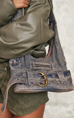 Blue Washed Denim Buckle Detail Tote Bag