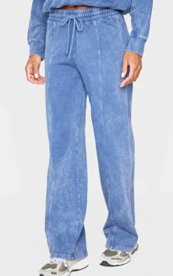 Blue Washed Seam Detail Wide Leg Sweatpants