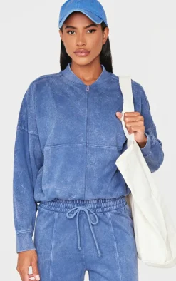 Blue Washed Seam Detail Zip Up Bomber Style Sweatshirt
