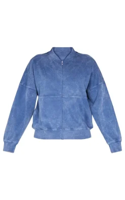 Blue Washed Seam Detail Zip Up Bomber Style Sweatshirt