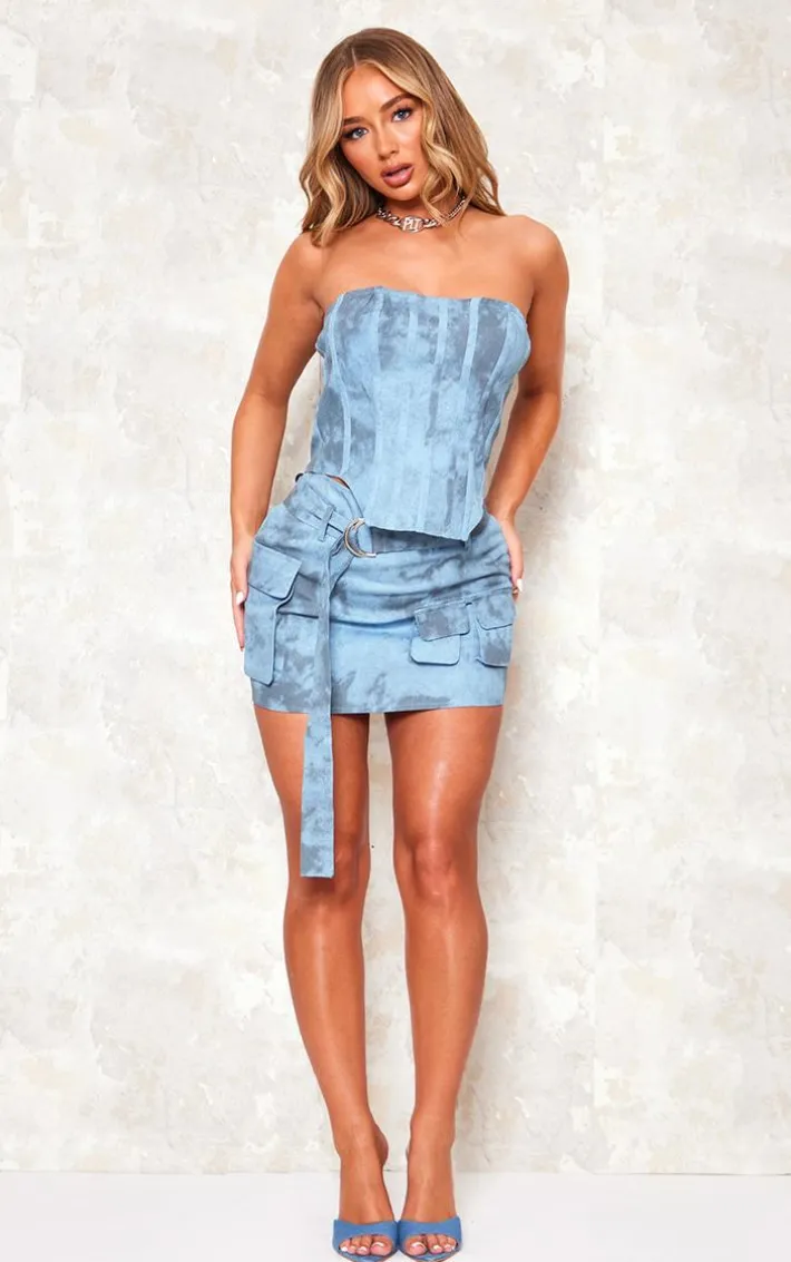 Blue Washed Twill Cargo Bandeau Corset