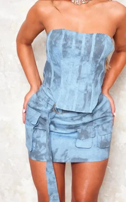 Blue Washed Twill Cargo Bandeau Corset