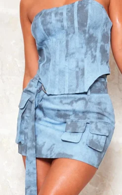 Blue Washed Twill Cargo Micro Mini Skirt