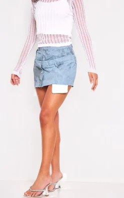 Blue Washed Twill Double Waistband Mini Skirt