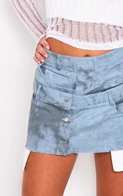 Blue Washed Twill Double Waistband Mini Skirt
