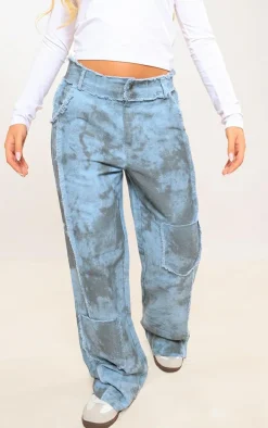 Blue Washed Twill Exposed Seam Straight Leg Pants