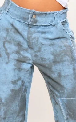 Blue Washed Twill Exposed Seam Straight Leg Pants