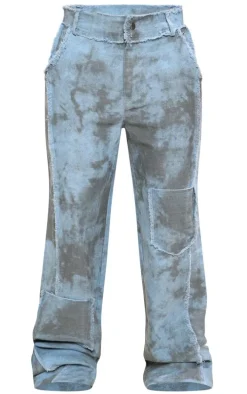 Blue Washed Twill Exposed Seam Straight Leg Pants