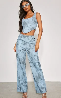 Blue Washed Twill Pocket Detail High Waist Cargo Pants