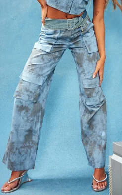 Blue Washed Twill Pocket Wide Leg Cargo Pants