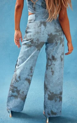 Blue Washed Twill Pocket Wide Leg Cargo Pants