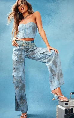 Blue Washed Twill Pocket Wide Leg Cargo Pants