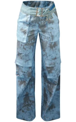 Blue Washed Twill Pocket Wide Leg Cargo Pants