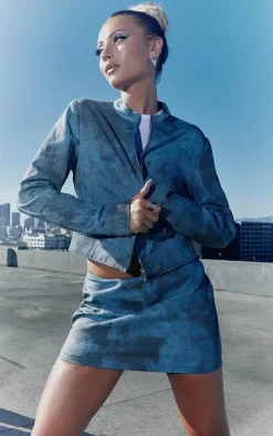 Blue Washed Twill Seam Detail Crop Jacket