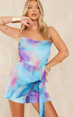 Blue Watercolour Print Chiffon Drape Tie Detail Strappy Romper