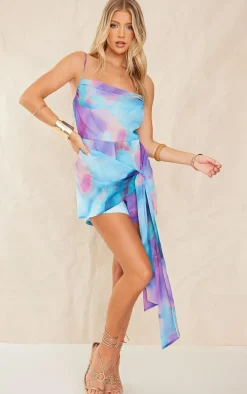 Blue Watercolour Print Chiffon Drape Tie Detail Strappy Romper